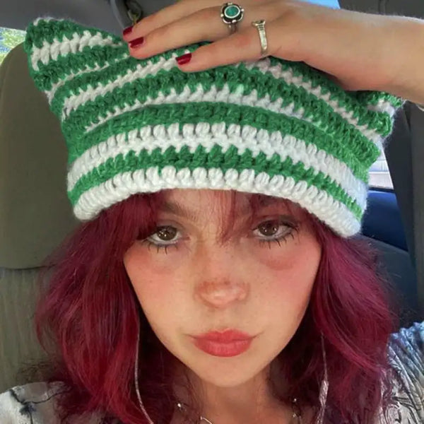Y2k Bonnet En Crochet Pour Chat - Oreilles De Chat Rayées - Crochet - Mignon - Bonnet D'hiver Y2k - Accessoire Kawaii - Fabriqué à La Main, A, Taille Unique